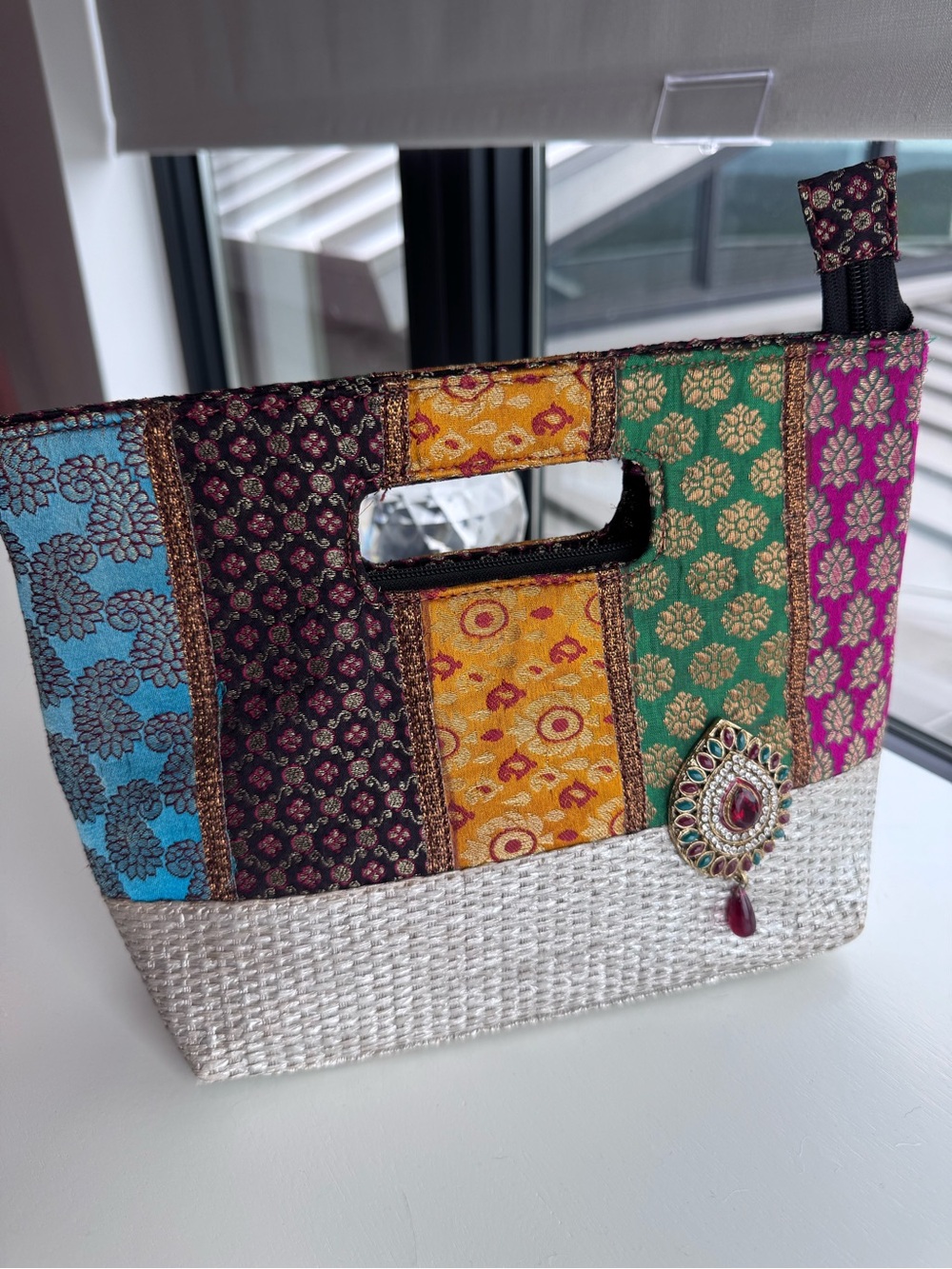 Multicolor Patchwork Handheld Women’s Bag with Gem Accent